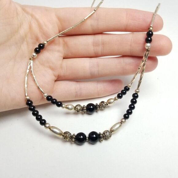 Vintage Beaded Necklace with Layered Front Design, Silver Tone and Black Beads - Picture 1 of 5